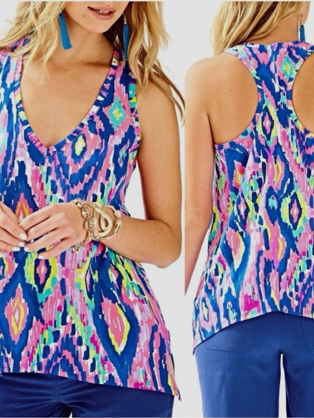 Lilly Pulitzer Kiawah Tank XS Blue Pink Ikat Swing Top